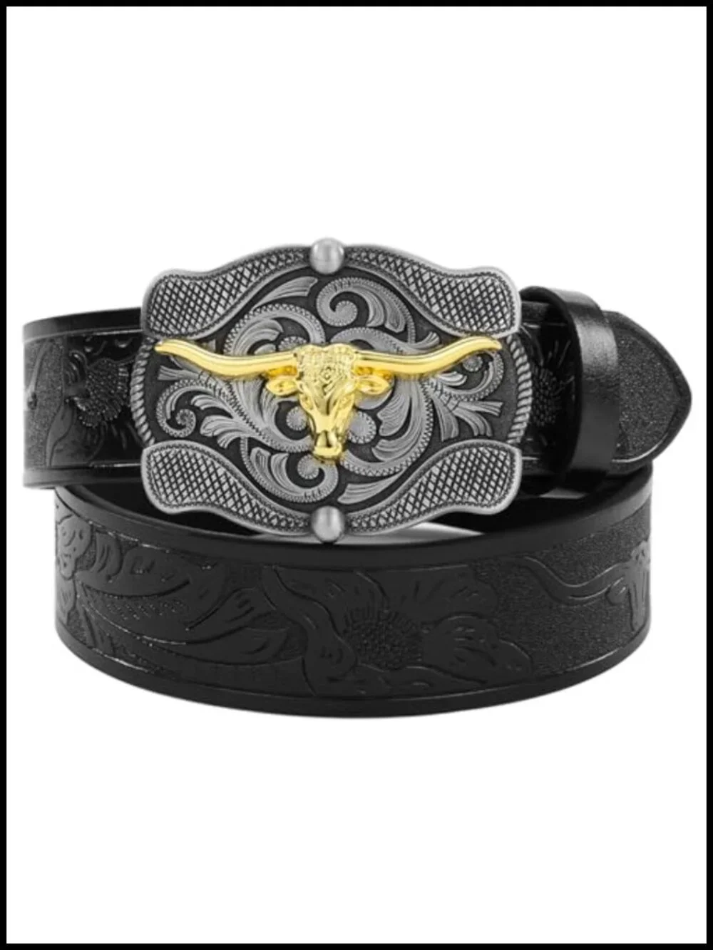Genuine Leather Western Cowboy Belt with Floral Engraved Longhorn Bull Buckle